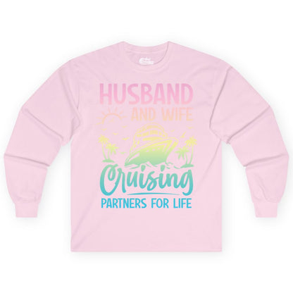 Husband and Wife Cruising Shirt - Romantic Tropical Cruise Apparel (Long Sleeve) in Light Pink - Husband and Wife Cruising Shirt - Romantic Tropical Sunset Partners