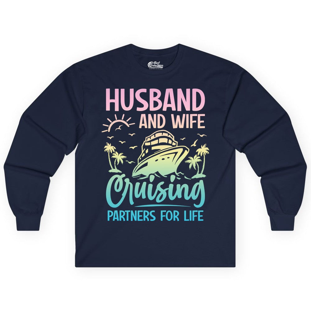 Husband and Wife Cruising Shirt - Romantic Tropical Cruise Apparel (Long Sleeve) in Navy - Husband and Wife Cruising Shirt - Romantic Tropical Sunset Partners