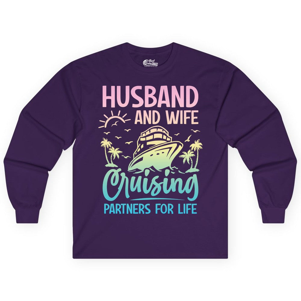 Husband and Wife Cruising Shirt - Romantic Tropical Cruise Apparel (Long Sleeve) in Purple - Husband and Wife Cruising Shirt - Romantic Tropical Sunset Partners