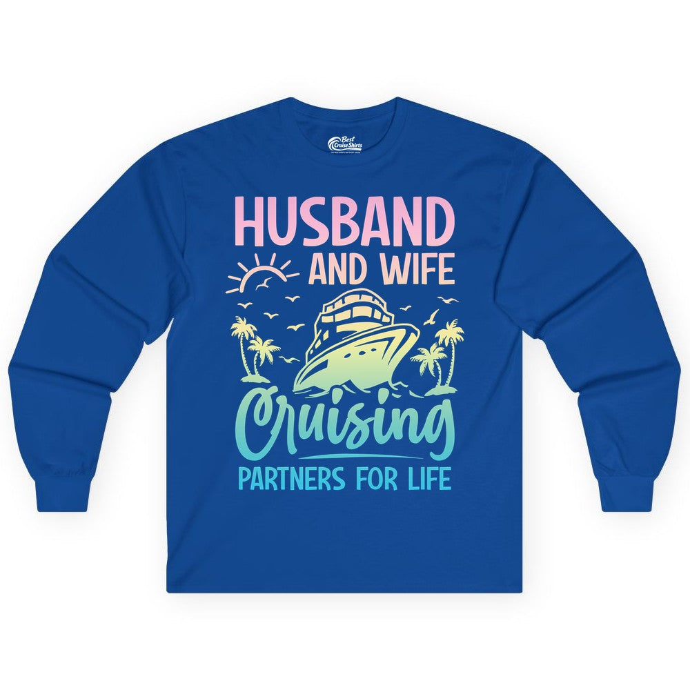 Husband and Wife Cruising Shirt - Romantic Tropical Cruise Apparel (Long Sleeve) in Royal - Husband and Wife Cruising Shirt - Romantic Tropical Sunset Partners