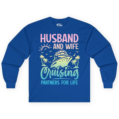 Husband and Wife Cruising Shirt - Romantic Tropical Cruise Apparel (Long Sleeve) in Royal - Husband and Wife Cruising Shirt - Romantic Tropical Sunset Partners