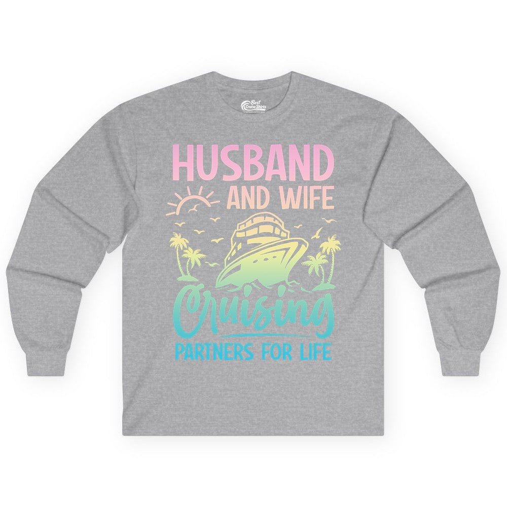 Husband and Wife Cruising Shirt - Romantic Tropical Cruise Apparel (Long Sleeve) in Sport Grey - Husband and Wife Cruising Shirt - Romantic Tropical Sunset Partners