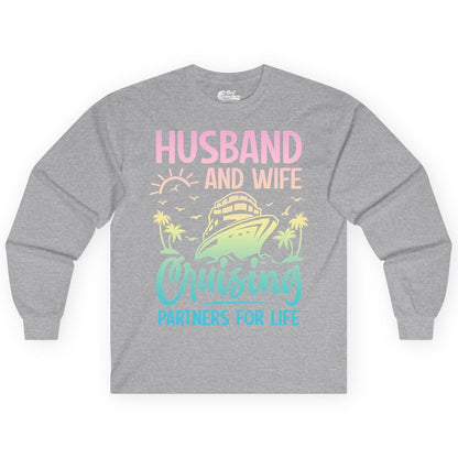 Husband and Wife Cruising Shirt - Romantic Tropical Cruise Apparel (Long Sleeve) in Sport Grey - Husband and Wife Cruising Shirt - Romantic Tropical Sunset Partners