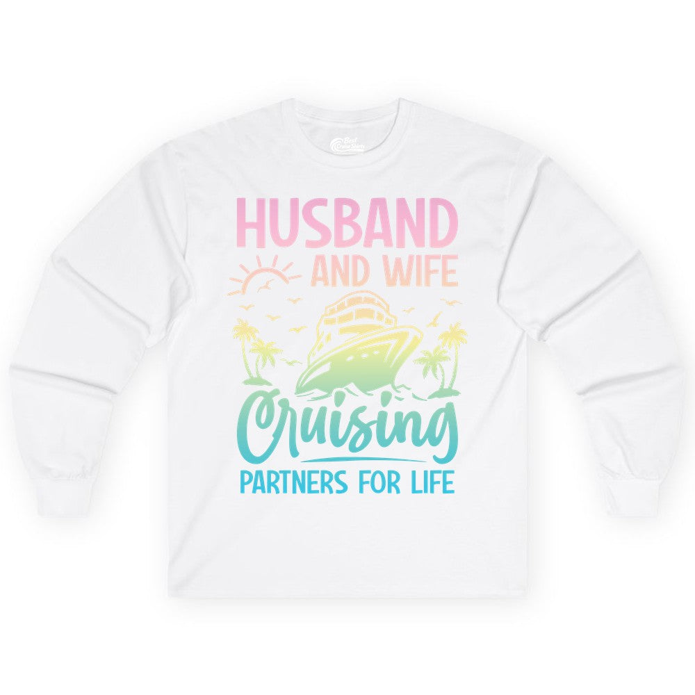 Husband and Wife Cruising Shirt - Romantic Tropical Cruise Apparel (Long Sleeve) in White - Husband and Wife Cruising Shirt - Romantic Tropical Sunset Partners