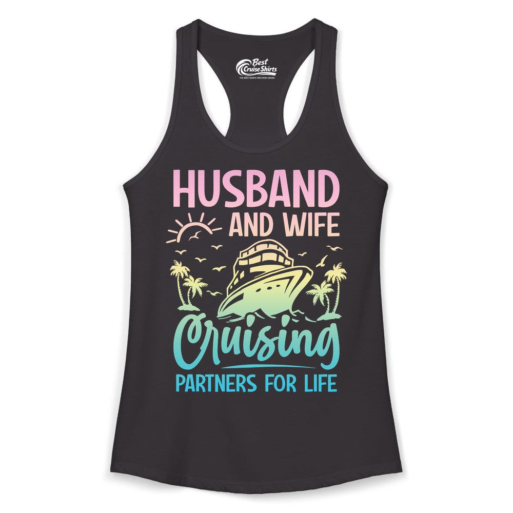 Husband and Wife Cruising Shirt - Romantic Tropical Cruise Apparel (Ladies Tank) in Black - Husband and Wife Cruising Shirt - Romantic Tropical Sunset Partners