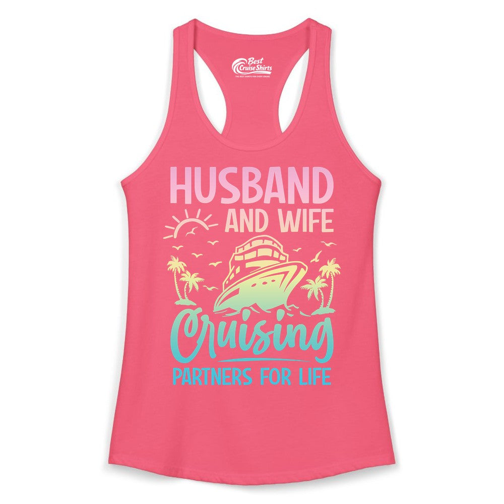 Husband and Wife Cruising Shirt - Romantic Tropical Cruise Apparel (Ladies Tank) in Hot Pink - Husband and Wife Cruising Shirt - Romantic Tropical Sunset Partners