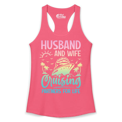 Husband and Wife Cruising Shirt - Romantic Tropical Cruise Apparel (Ladies Tank) in Hot Pink - Husband and Wife Cruising Shirt - Romantic Tropical Sunset Partners