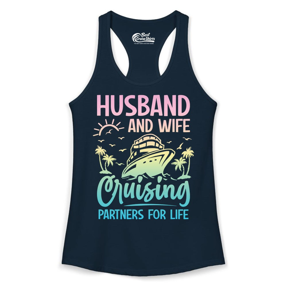 Husband and Wife Cruising Shirt - Romantic Tropical Cruise Apparel (Ladies Tank) in Solid Midnight Navy - Husband and Wife Cruising Shirt - Romantic Tropical Sunset Partners