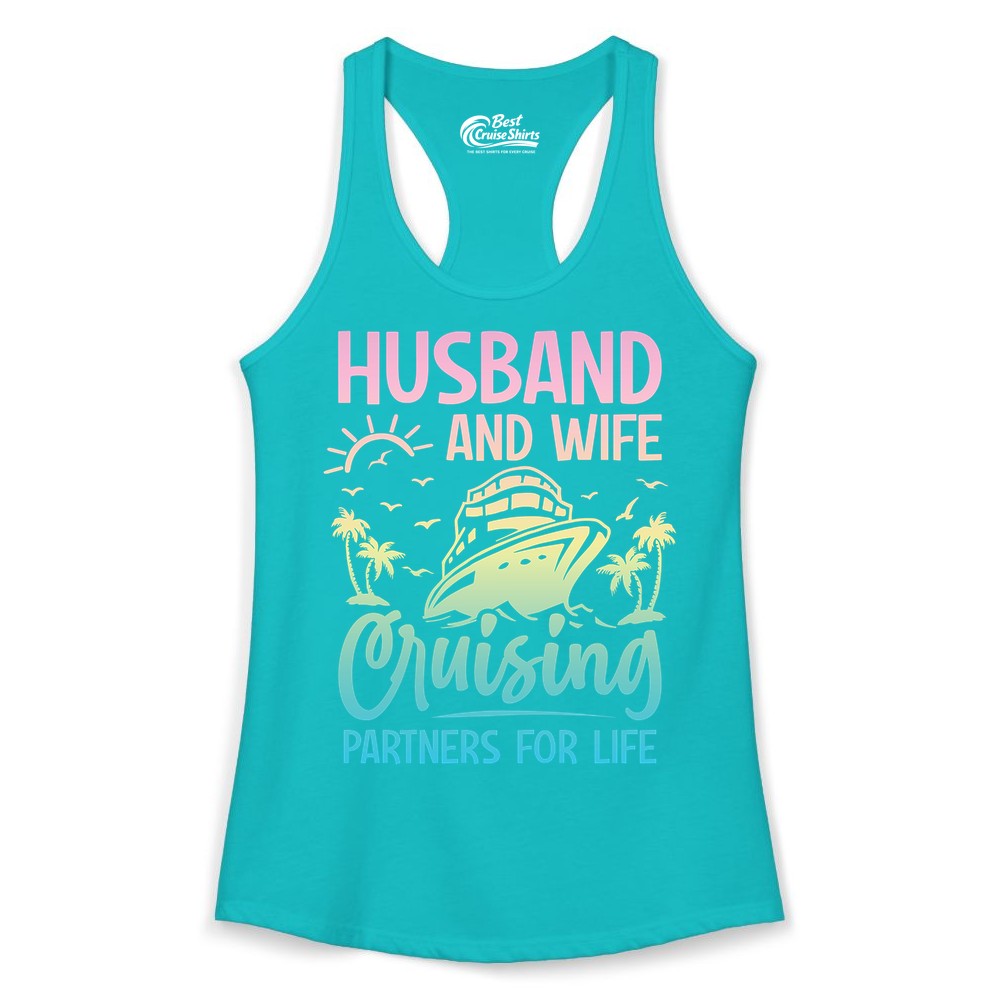 Husband and Wife Cruising Shirt - Romantic Tropical Cruise Apparel (Ladies Tank) in Tahiti Blue - Husband and Wife Cruising Shirt - Romantic Tropical Sunset Partners