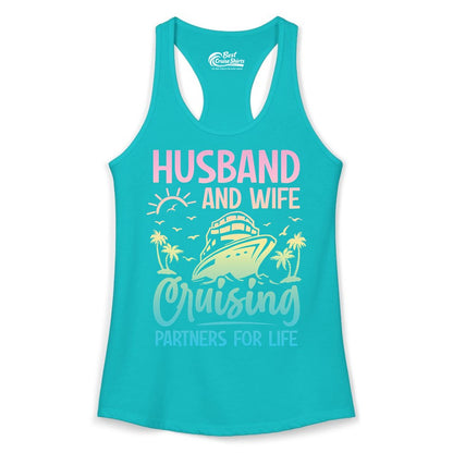 Husband and Wife Cruising Shirt - Romantic Tropical Cruise Apparel (Ladies Tank) in Tahiti Blue - Husband and Wife Cruising Shirt - Romantic Tropical Sunset Partners