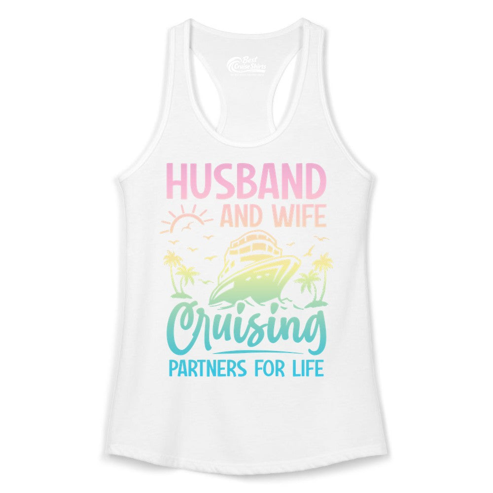 Husband and Wife Cruising Shirt - Romantic Tropical Cruise Apparel (Ladies Tank) in White - Husband and Wife Cruising Shirt - Romantic Tropical Sunset Partners