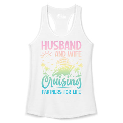 Husband and Wife Cruising Shirt - Romantic Tropical Cruise Apparel (Ladies Tank) in White - Husband and Wife Cruising Shirt - Romantic Tropical Sunset Partners