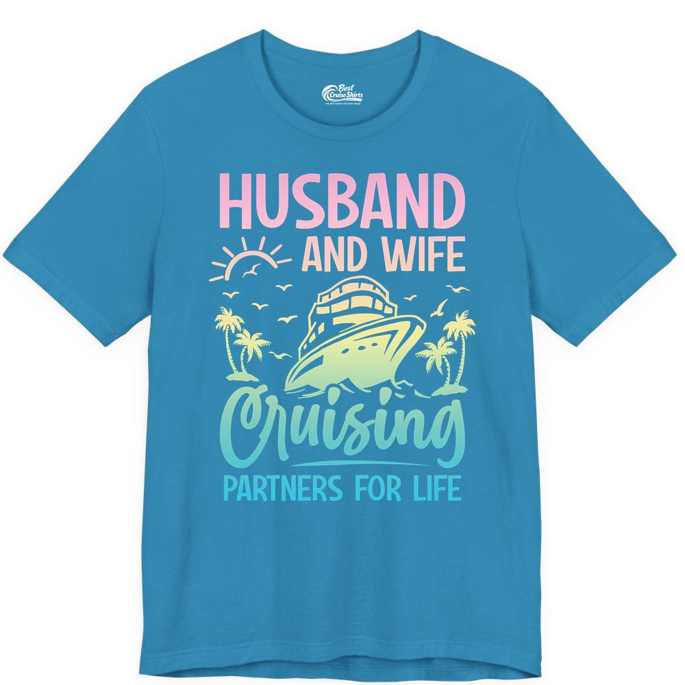 Husband and Wife Cruising Shirt - Romantic Tropical Cruise Apparel (Premium Tee) in Aqua - Husband and Wife Cruising Shirt - Romantic Tropical Sunset Partners