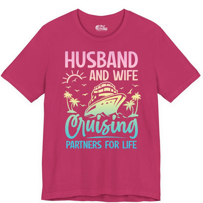 Husband and Wife Cruising Shirt - Romantic Tropical Cruise Apparel (Premium Tee) in Berry - Husband and Wife Cruising Shirt - Romantic Tropical Sunset Partners