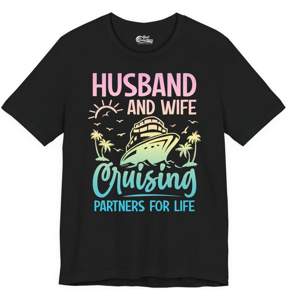 Husband and Wife Cruising Shirt - Romantic Tropical Cruise Apparel (Premium Tee) in Black - Husband and Wife Cruising Shirt - Romantic Tropical Sunset Partners