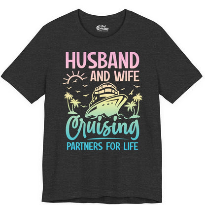 Husband and Wife Cruising Shirt - Romantic Tropical Cruise Apparel (Premium Tee) in Dark Grey Heather - Husband and Wife Cruising Shirt - Romantic Tropical Sunset Partners