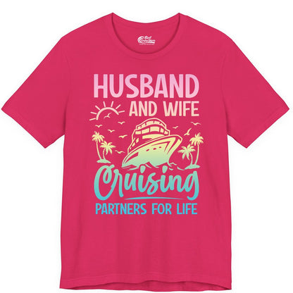 Husband and Wife Cruising Shirt - Romantic Tropical Cruise Apparel (Premium Tee) in Fuchsia - Husband and Wife Cruising Shirt - Romantic Tropical Sunset Partners