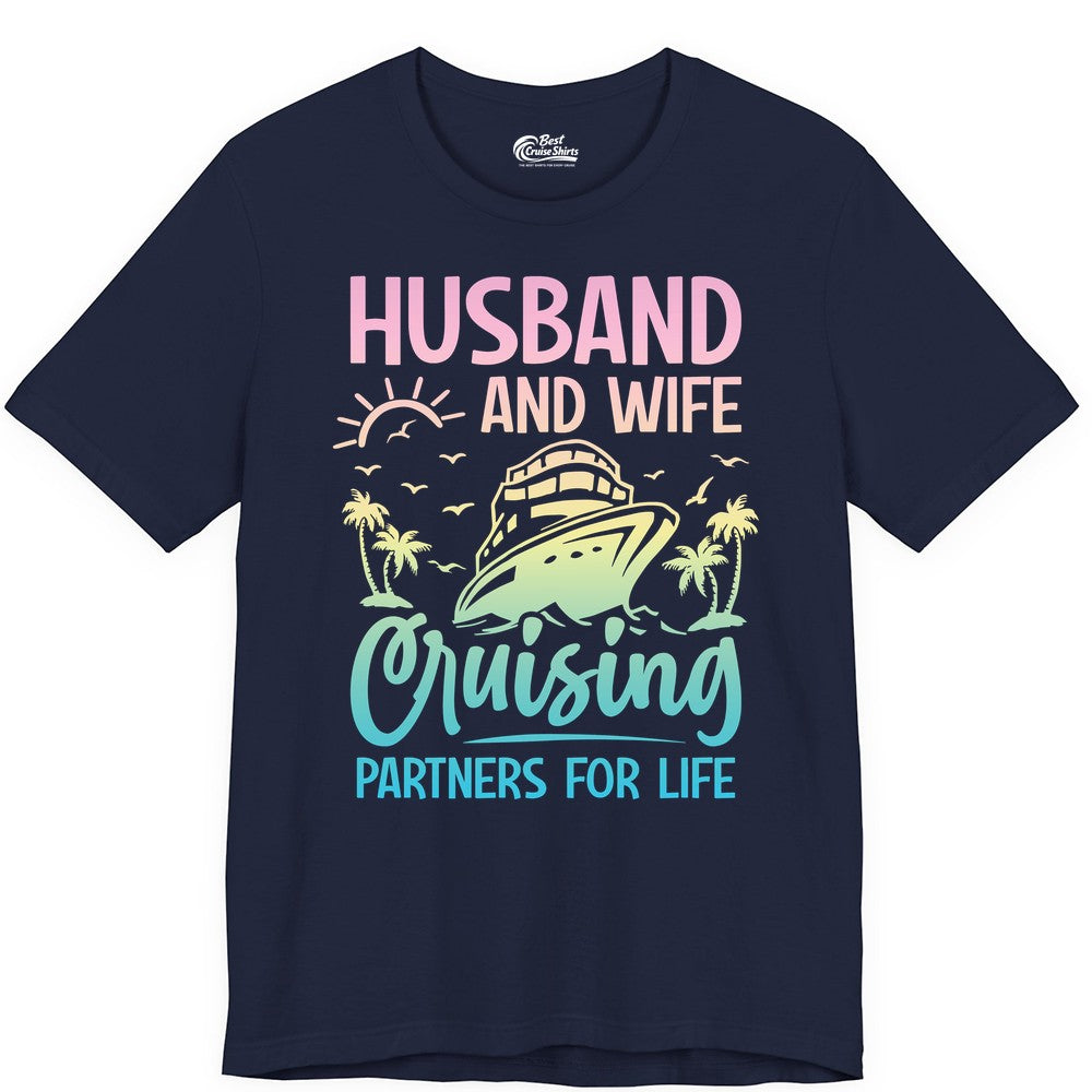 Husband and Wife Cruising Shirt - Romantic Tropical Cruise Apparel (Premium Tee) in Navy - Husband and Wife Cruising Shirt - Romantic Tropical Sunset Partners
