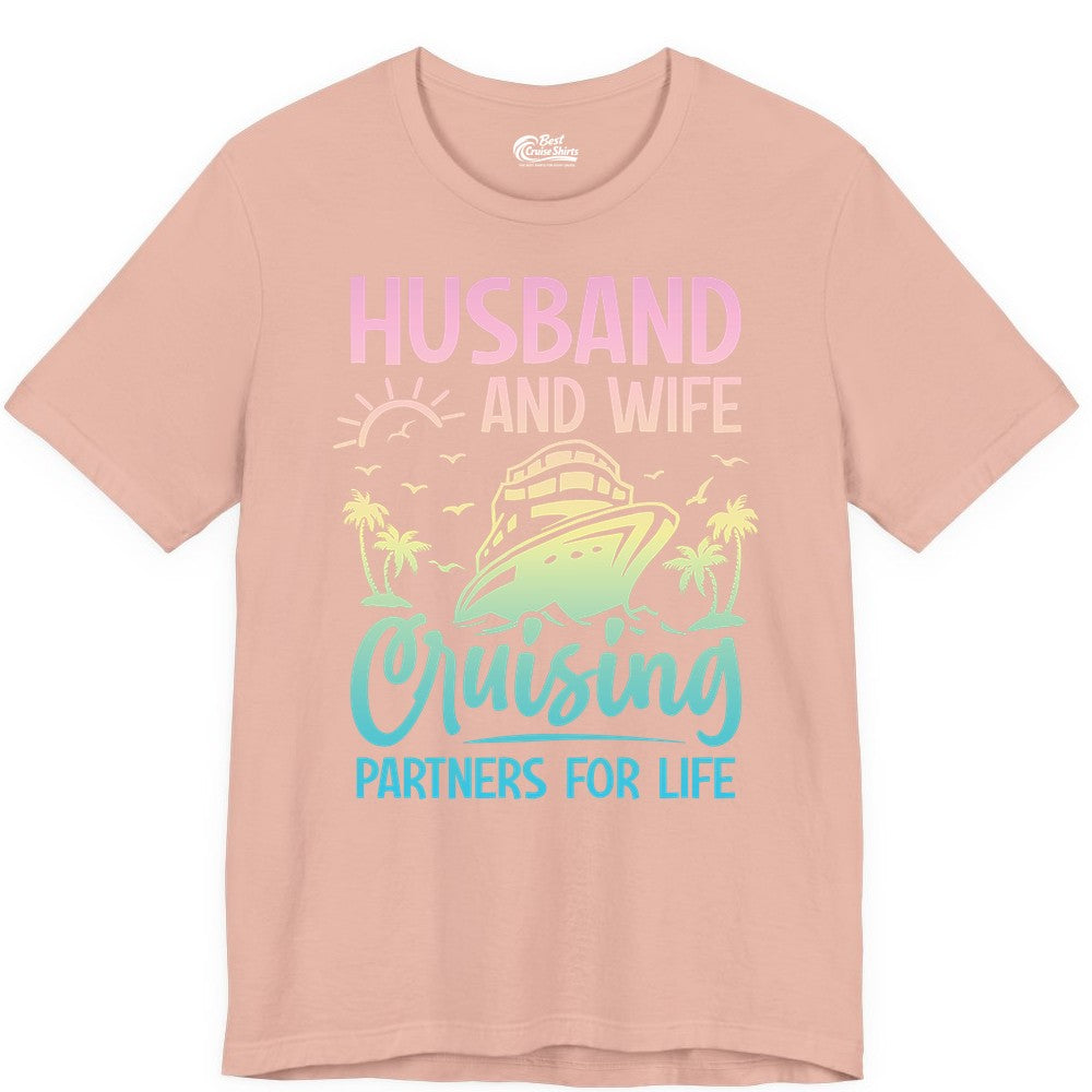 Husband and Wife Cruising Shirt - Romantic Tropical Cruise Apparel (Premium Tee) in Peach - Husband and Wife Cruising Shirt - Romantic Tropical Sunset Partners