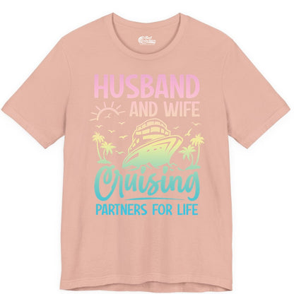 Husband and Wife Cruising Shirt - Romantic Tropical Cruise Apparel (Premium Tee) in Peach - Husband and Wife Cruising Shirt - Romantic Tropical Sunset Partners