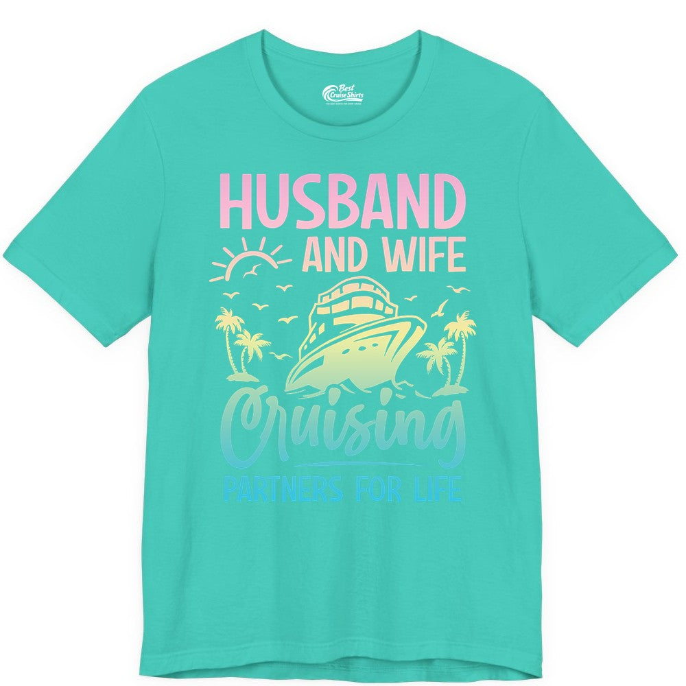 Husband and Wife Cruising Shirt - Romantic Tropical Cruise Apparel (Premium Tee) in Teal - Husband and Wife Cruising Shirt - Romantic Tropical Sunset Partners