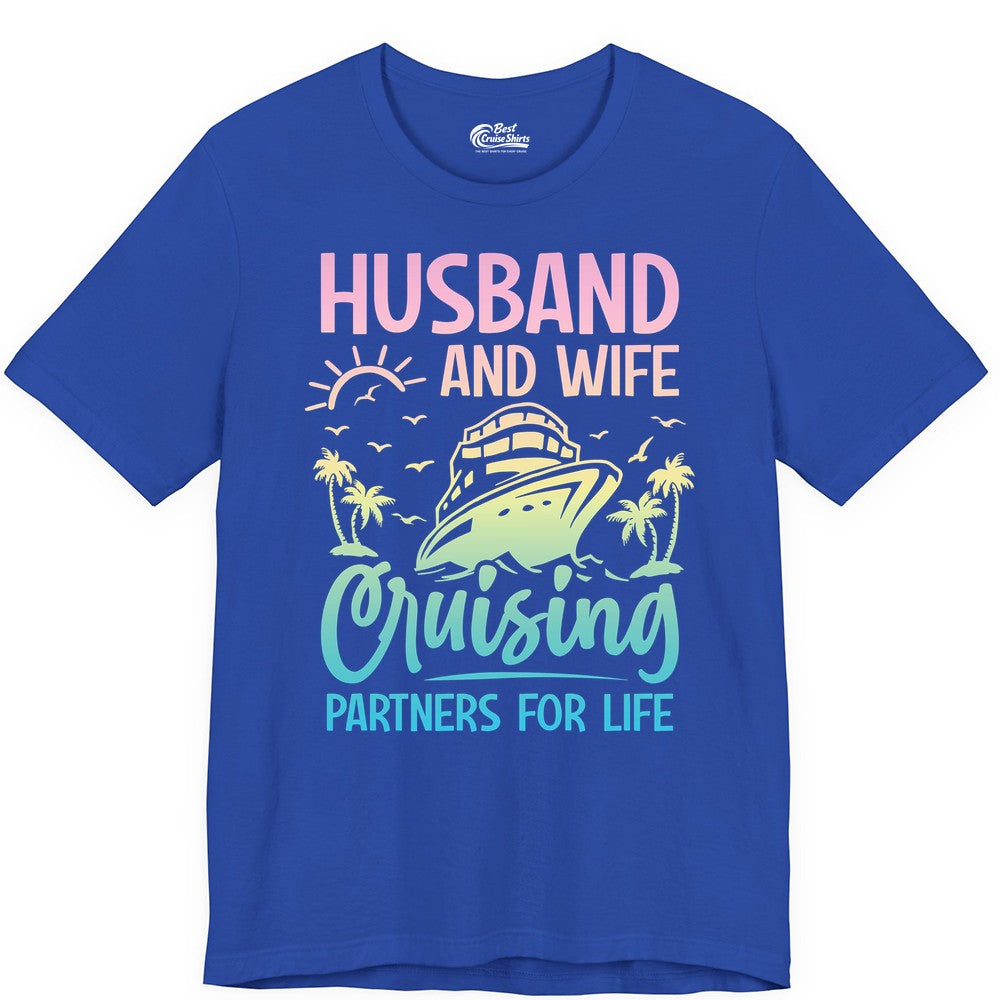 Husband and Wife Cruising Shirt - Romantic Tropical Cruise Apparel (Premium Tee) in True Royal - Husband and Wife Cruising Shirt - Romantic Tropical Sunset Partners