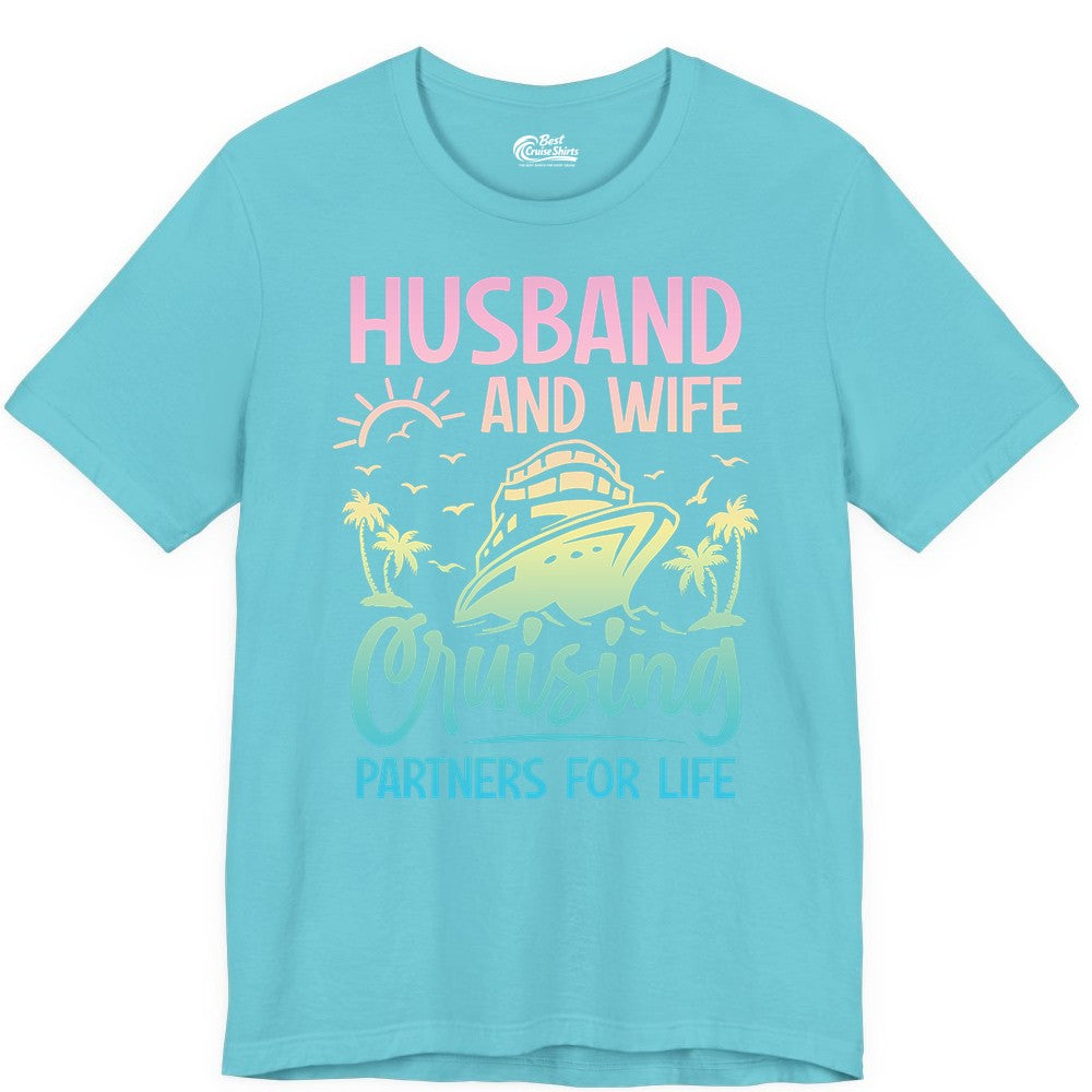 Husband and Wife Cruising Shirt - Romantic Tropical Cruise Apparel (Premium Tee) in Turquoise - Husband and Wife Cruising Shirt - Romantic Tropical Sunset Partners