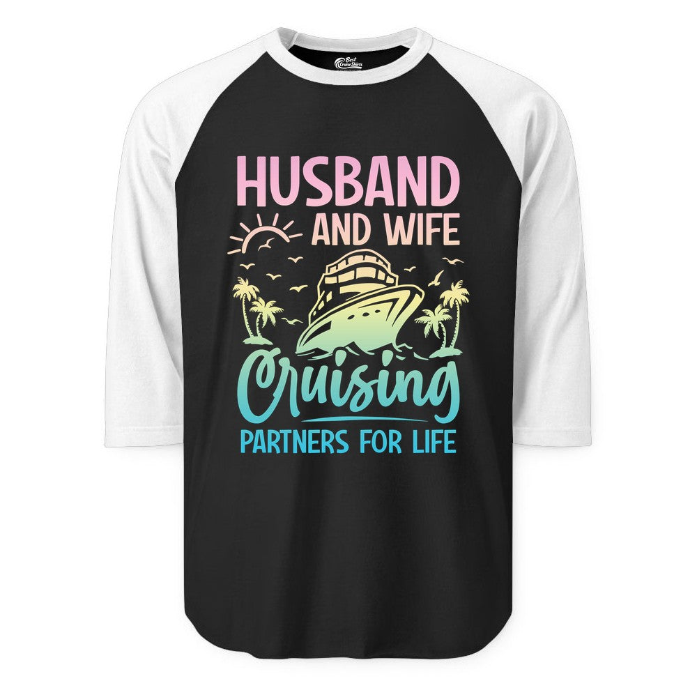 Husband and Wife Cruising Shirt - Romantic Tropical Cruise Apparel (Raglan) in BlackWhite - Husband and Wife Cruising Shirt - Romantic Tropical Sunset Partners