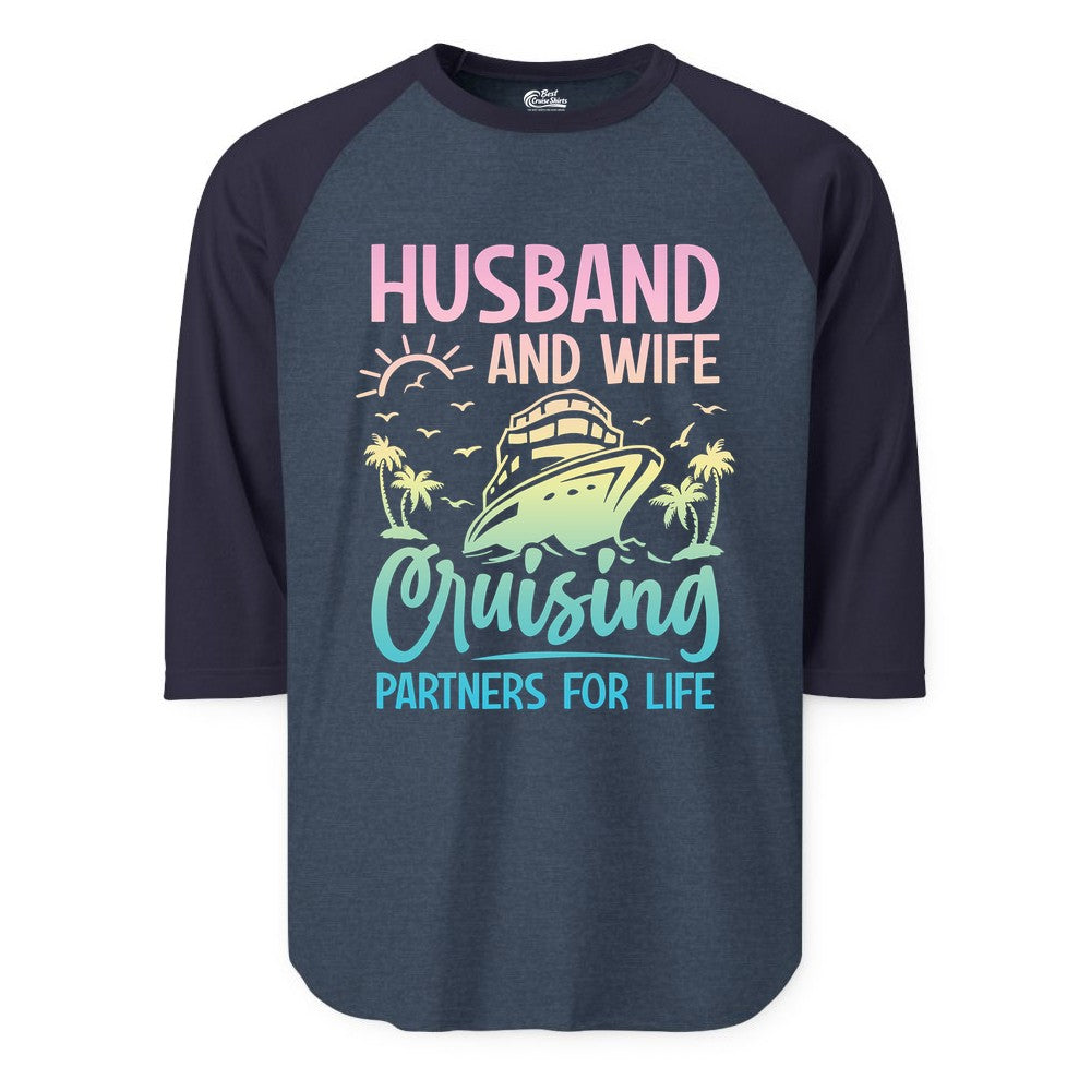 Husband and Wife Cruising Shirt - Romantic Tropical Cruise Apparel (Raglan) in Heather DenimNavy - Husband and Wife Cruising Shirt - Romantic Tropical Sunset Partners