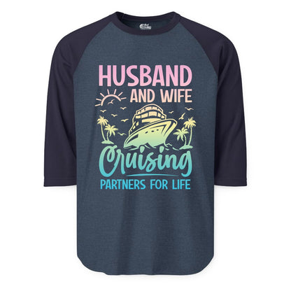 Husband and Wife Cruising Shirt - Romantic Tropical Cruise Apparel (Raglan) in Heather DenimNavy - Husband and Wife Cruising Shirt - Romantic Tropical Sunset Partners