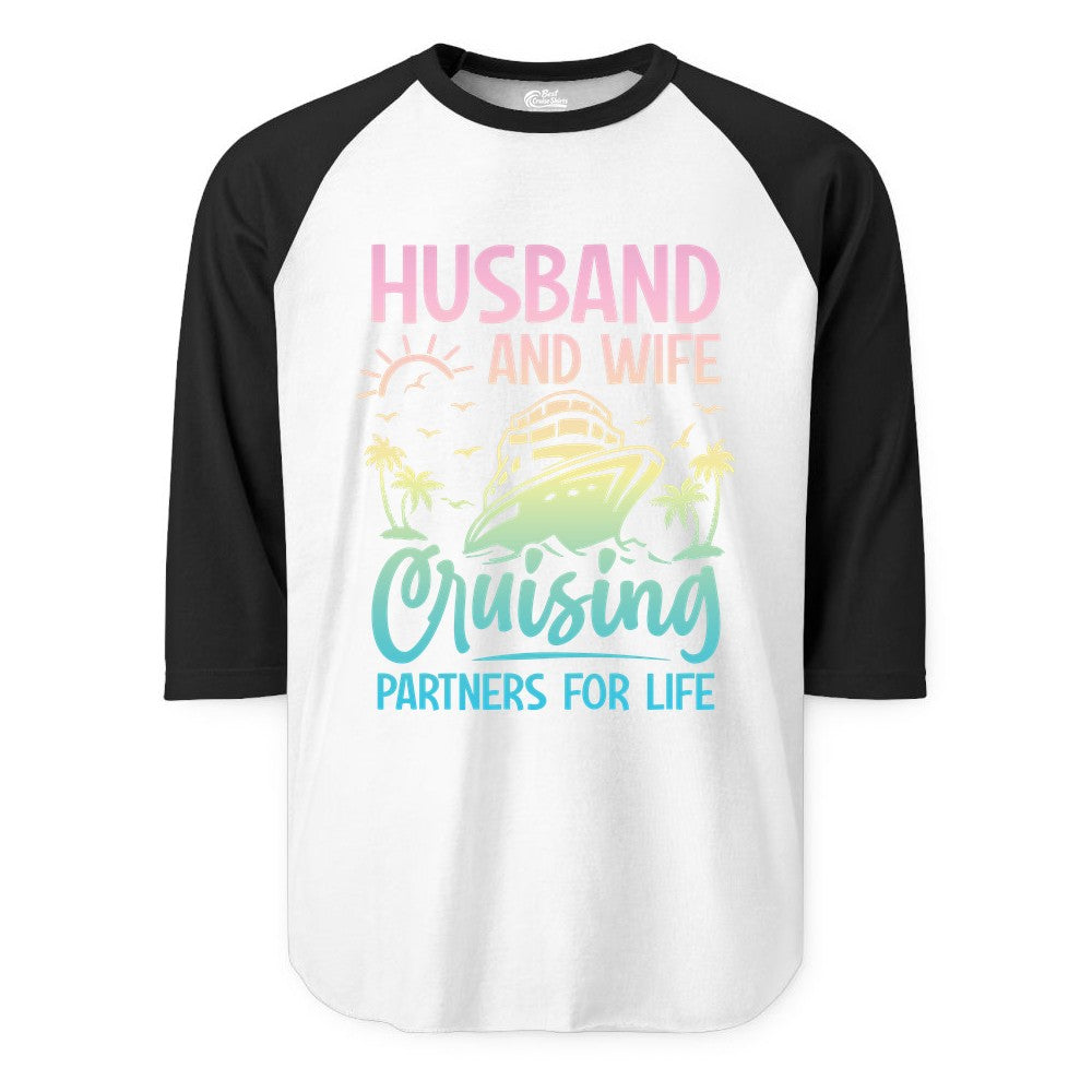 Husband and Wife Cruising Shirt - Romantic Tropical Cruise Apparel (Raglan) in WhiteBlack - Husband and Wife Cruising Shirt - Romantic Tropical Sunset Partners