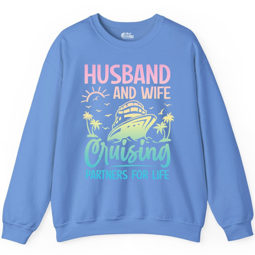 Husband and Wife Cruising Shirt - Romantic Tropical Cruise Apparel (Sweatshirt) in Carolina Blue - Husband and Wife Cruising Shirt - Romantic Tropical Sunset Partners
