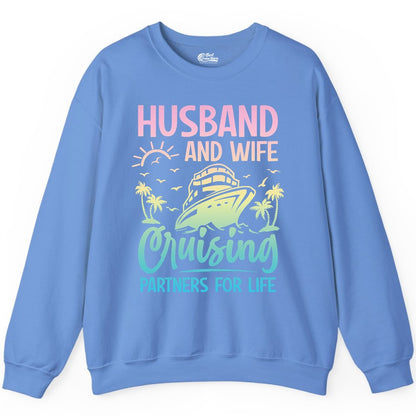 Husband and Wife Cruising Shirt - Romantic Tropical Cruise Apparel (Sweatshirt) in Carolina Blue - Husband and Wife Cruising Shirt - Romantic Tropical Sunset Partners