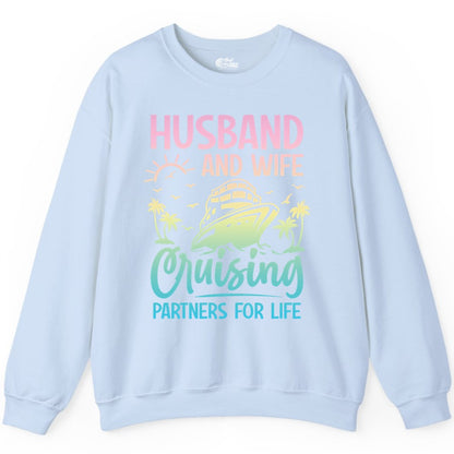 Husband and Wife Cruising Shirt - Romantic Tropical Cruise Apparel (Sweatshirt) in Light Blue - Husband and Wife Cruising Shirt - Romantic Tropical Sunset Partners