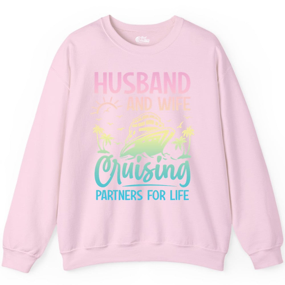 Husband and Wife Cruising Shirt - Romantic Tropical Cruise Apparel (Sweatshirt) in Light Pink - Husband and Wife Cruising Shirt - Romantic Tropical Sunset Partners