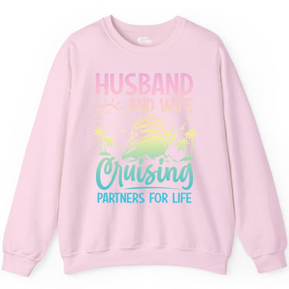 Husband and Wife Cruising Shirt - Romantic Tropical Cruise Apparel (Sweatshirt) in Light Pink - Husband and Wife Cruising Shirt - Romantic Tropical Sunset Partners