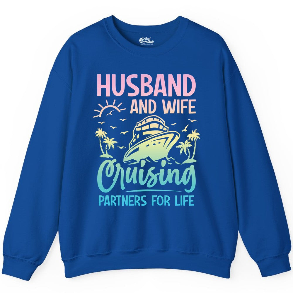 Husband and Wife Cruising Shirt - Romantic Tropical Cruise Apparel (Sweatshirt) in Royal - Husband and Wife Cruising Shirt - Romantic Tropical Sunset Partners