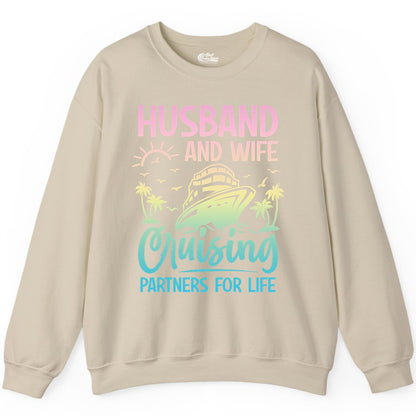 Husband and Wife Cruising Shirt - Romantic Tropical Cruise Apparel (Sweatshirt) in Sand - Husband and Wife Cruising Shirt - Romantic Tropical Sunset Partners