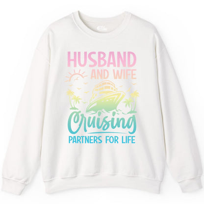 Husband and Wife Cruising Shirt - Romantic Tropical Cruise Apparel (Sweatshirt) in White - Husband and Wife Cruising Shirt - Romantic Tropical Sunset Partners