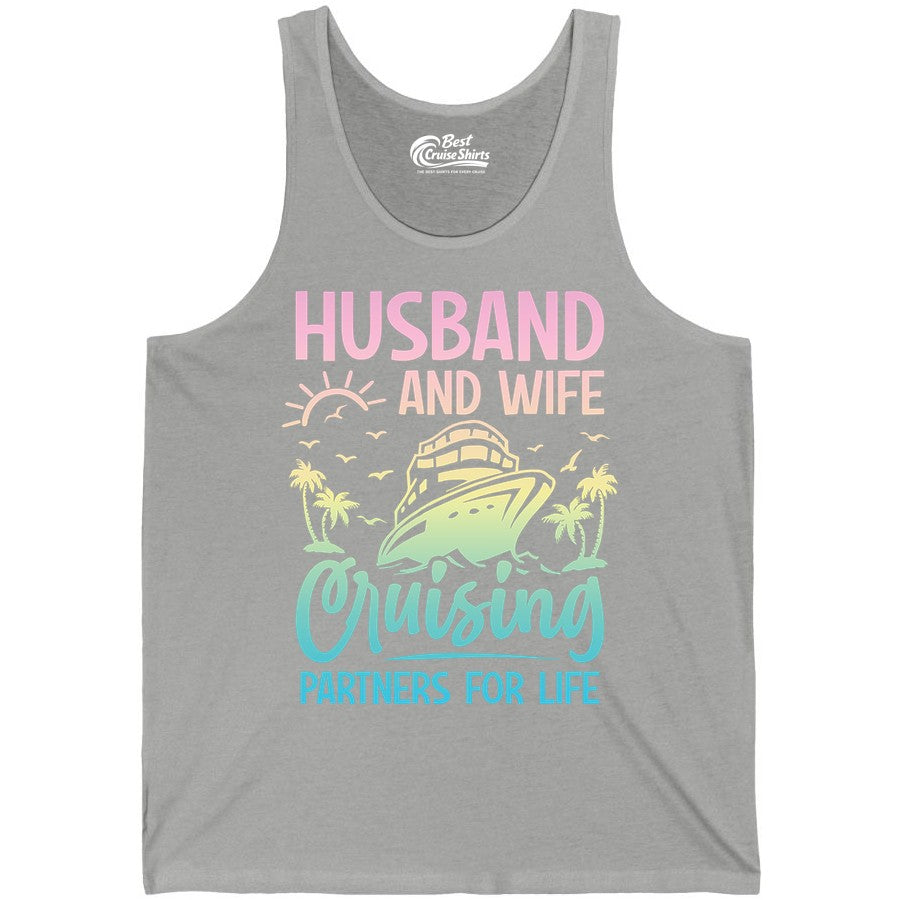 Husband and Wife Cruising Shirt - Romantic Tropical Cruise Apparel (Tank Top) in Athletic Heather - Husband and Wife Cruising Shirt - Romantic Tropical Sunset Partners