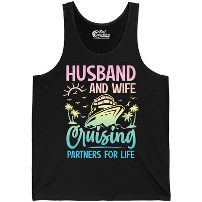 Husband and Wife Cruising Shirt - Romantic Tropical Cruise Apparel (Tank Top) in Black - Husband and Wife Cruising Shirt - Romantic Tropical Sunset Partners