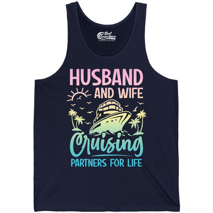 Husband and Wife Cruising Shirt - Romantic Tropical Cruise Apparel (Tank Top) in Navy - Husband and Wife Cruising Shirt - Romantic Tropical Sunset Partners