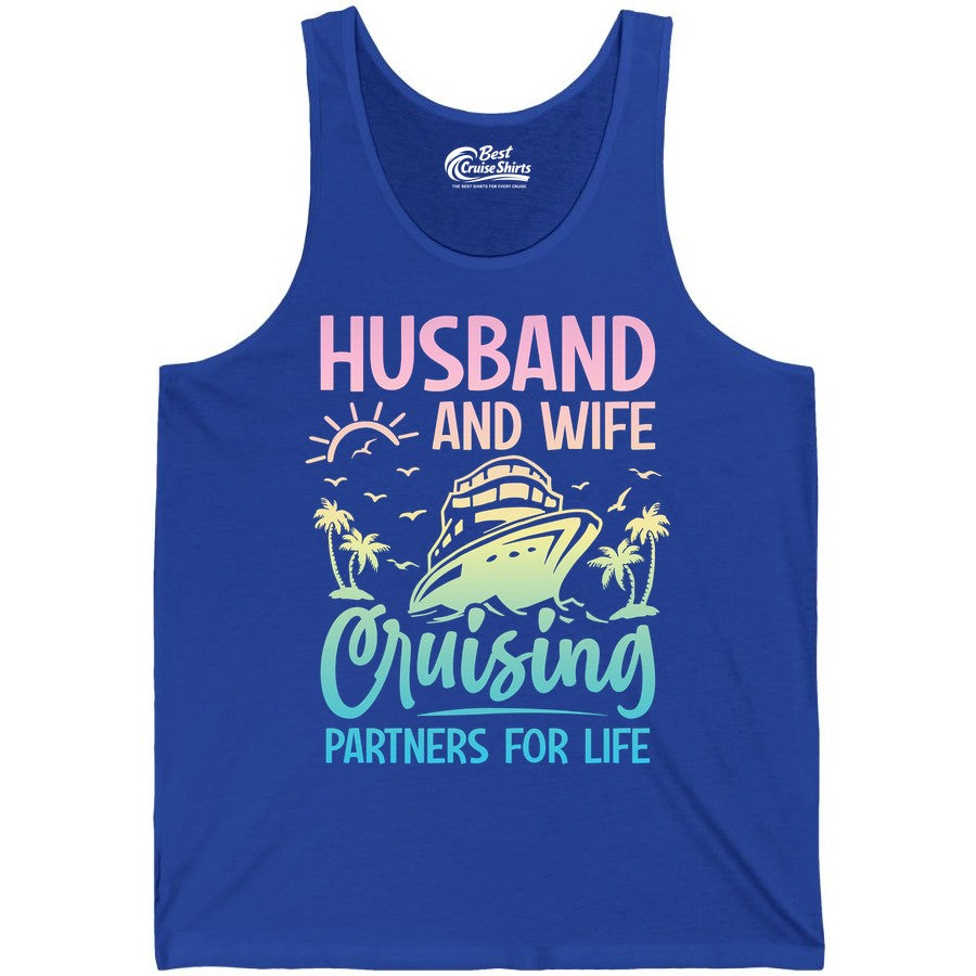 Husband and Wife Cruising Shirt - Romantic Tropical Cruise Apparel (Tank Top) in True Royal - Husband and Wife Cruising Shirt - Romantic Tropical Sunset Partners