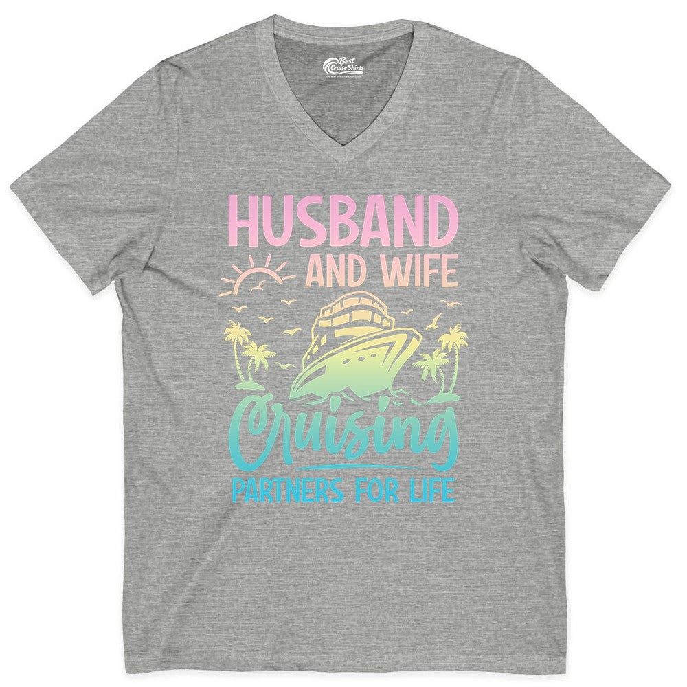 Husband and Wife Cruising Shirt - Romantic Tropical Cruise Apparel (V-Neck) in Athletic Heather - Husband and Wife Cruising Shirt - Romantic Tropical Sunset Partners