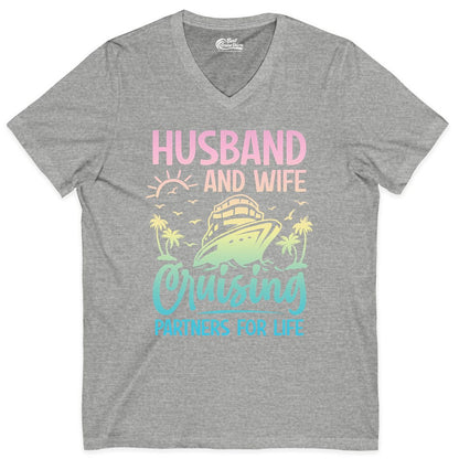 Husband and Wife Cruising Shirt - Romantic Tropical Cruise Apparel (V-Neck) in Athletic Heather - Husband and Wife Cruising Shirt - Romantic Tropical Sunset Partners