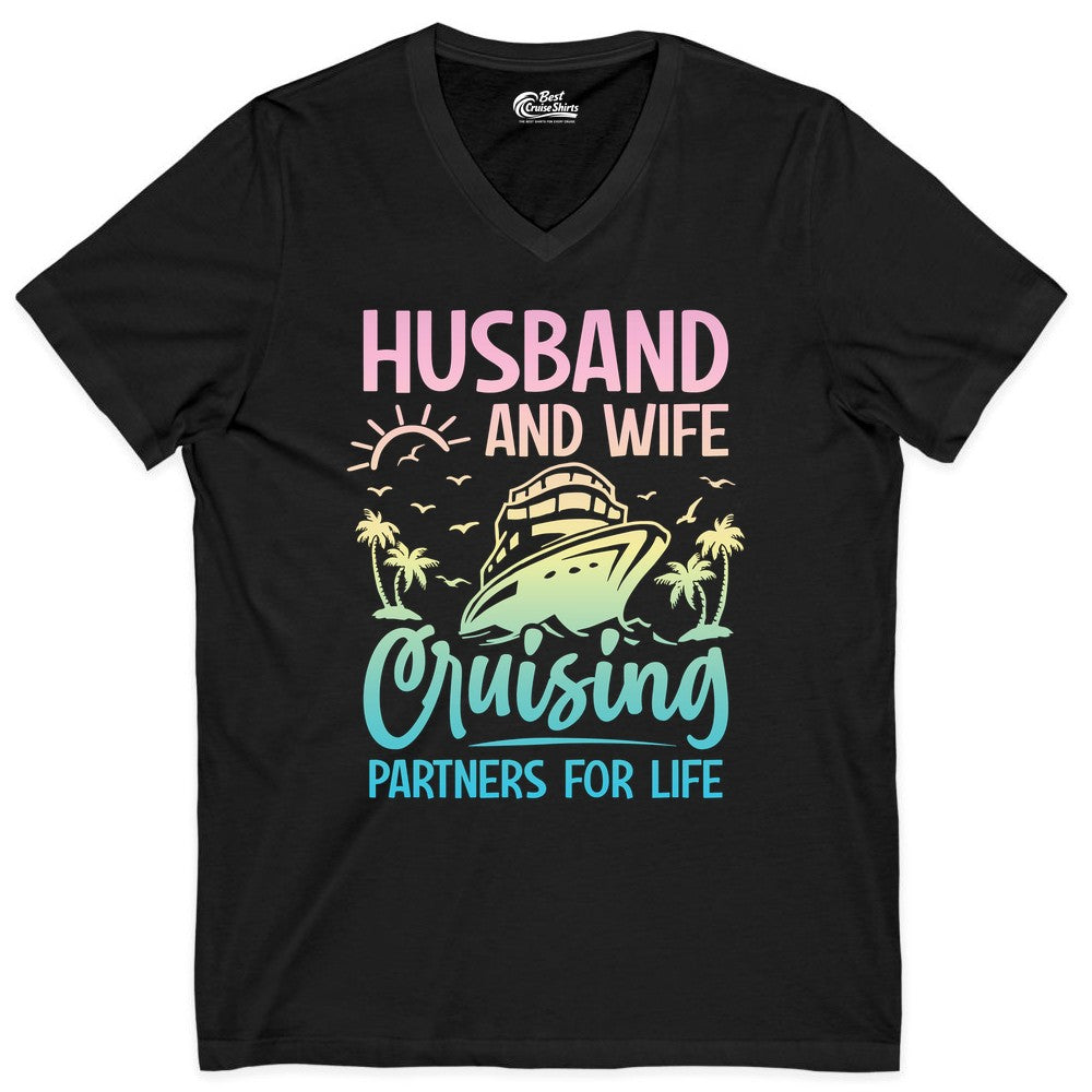 Husband and Wife Cruising Shirt - Romantic Tropical Cruise Apparel (V-Neck) in Black - Husband and Wife Cruising Shirt - Romantic Tropical Sunset Partners