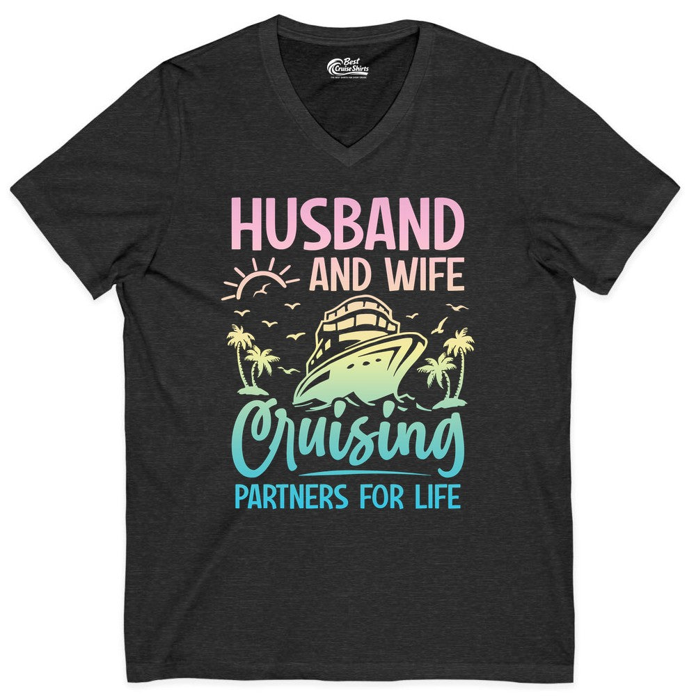 Husband and Wife Cruising Shirt - Romantic Tropical Cruise Apparel (V-Neck) in Dark Grey Heather - Husband and Wife Cruising Shirt - Romantic Tropical Sunset Partners
