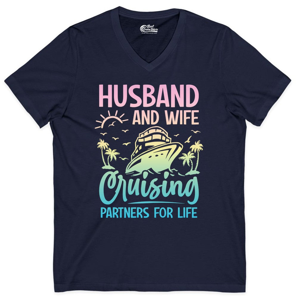 Husband and Wife Cruising Shirt - Romantic Tropical Cruise Apparel (V-Neck) in Navy - Husband and Wife Cruising Shirt - Romantic Tropical Sunset Partners