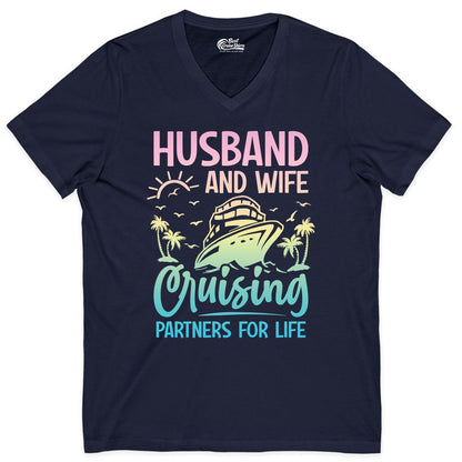Husband and Wife Cruising Shirt - Romantic Tropical Cruise Apparel (V-Neck) in Navy - Husband and Wife Cruising Shirt - Romantic Tropical Sunset Partners