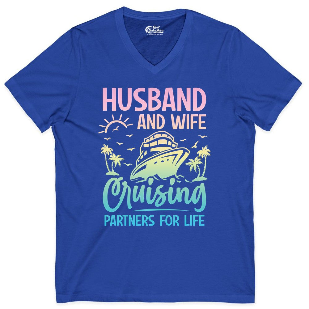 Husband and Wife Cruising Shirt - Romantic Tropical Cruise Apparel (V-Neck) in True Royal - Husband and Wife Cruising Shirt - Romantic Tropical Sunset Partners